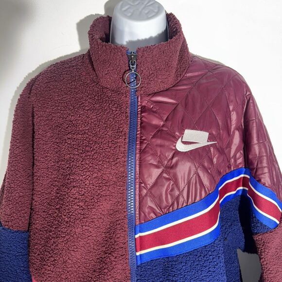 Nike Sportswear Burgundy Colorblock Sport Pack Sherpa Track Jacket Women Small - Picture 3 of 11
